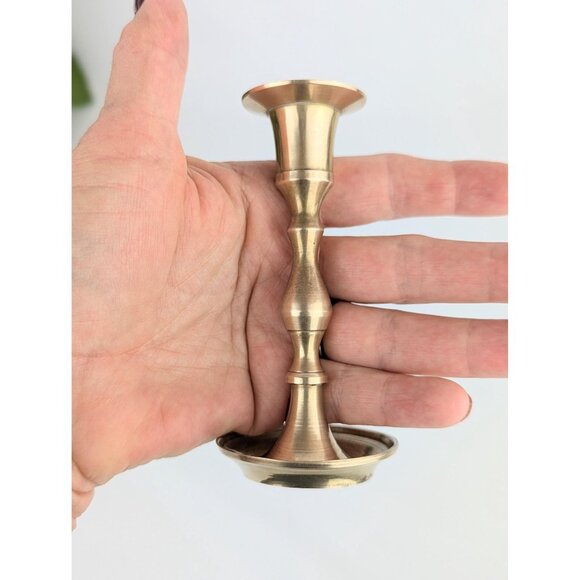 Pair of Vintage Slim Brass Candlestick Holders 4" Brass Candle Holders Set 1970s - Picture 5 of 9